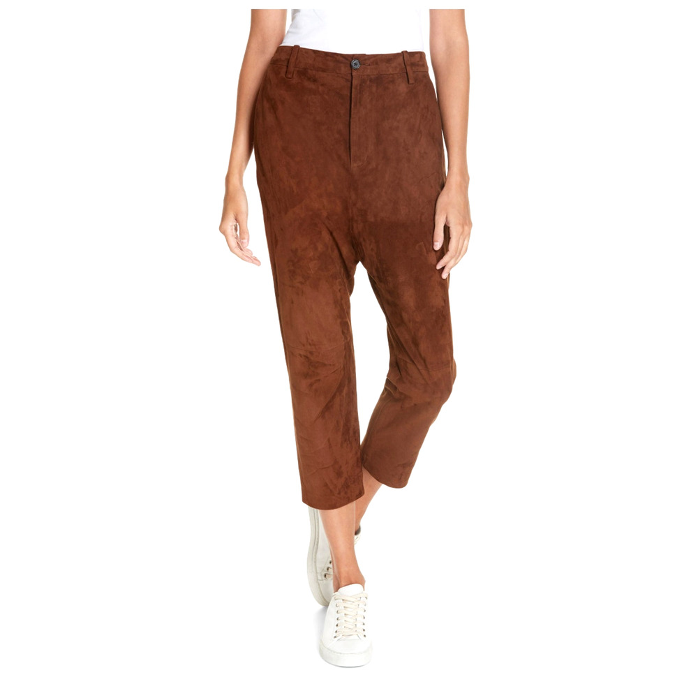 Nili Lotan Goatskin Suede Paris Pants Drop Crotch Slouchy Leather Cognac Brown - Picture 16 of 16
